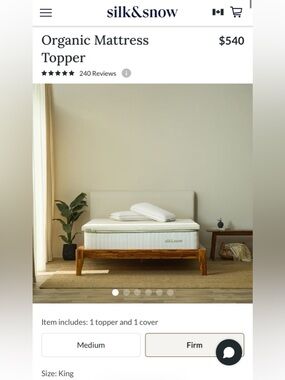New! $610.20 Silk&Snow Organic Mattress Topper + Cover, King (Firm)